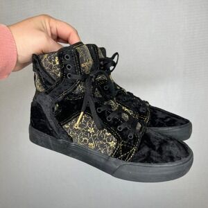 Supra Muska 001 High Top Sneakers Youth Kids Black Gold‎ Velvet Lace Up Shoes